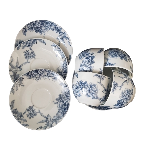 Stokes Vienna Blue Tea Set 4 Teacups & Saucers White Blue Flowers & Birds - Picture 1 of 9